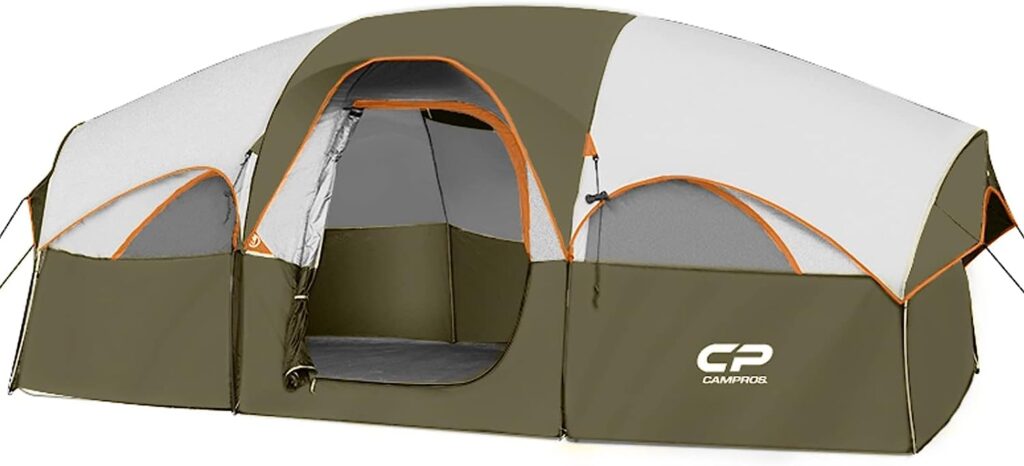 CAMPROS CP Tent 8 Person Camping Tents, 2 Room Water Resistant Family Tent with Top Rainfly, 5 Large Mesh Windows, Double Layer, Easy Set Up, Portable with Carry Bag