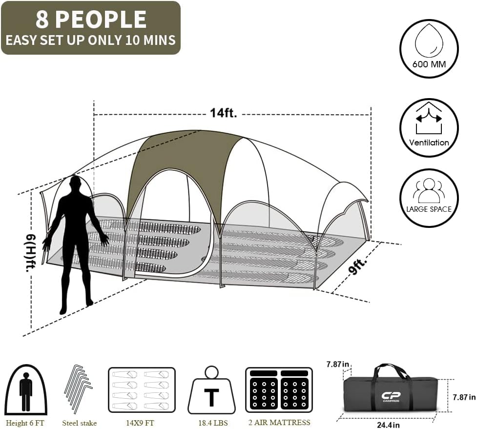 CAMPROS CP Tent 8 Person Camping Tents, 2 Room Water Resistant Family Tent with Top Rainfly, 5 Large Mesh Windows, Double Layer, Easy Set Up, Portable with Carry Bag