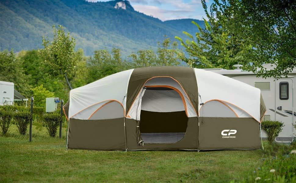 CAMPROS CP Tent 8 Person Camping Tents, 2 Room Water Resistant Family Tent with Top Rainfly, 5 Large Mesh Windows, Double Layer, Easy Set Up, Portable with Carry Bag