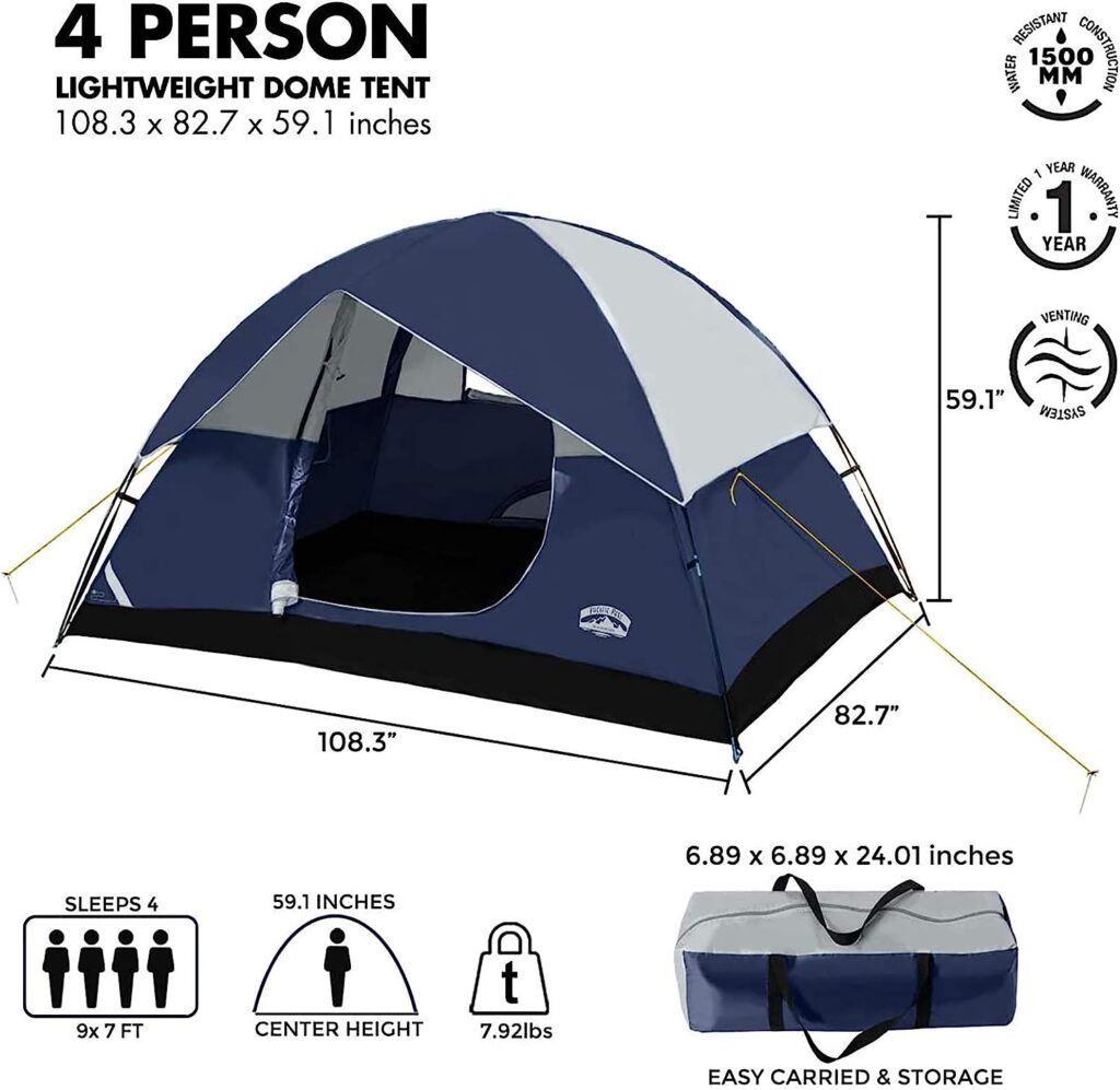 Pacific Pass 2/4/6 Person Family Dome Tent with Removable Rain Fly, Easy Setup for Camp Outdoor