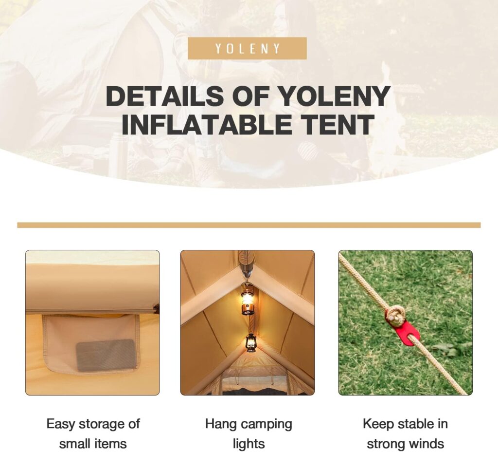 YOLENY Inflatable Camping Tent with Pump, 6-8 Person Glamping Tents, Easy Setup 4 Season Waterproof Windproof Outdoor Cotton Tent, with Chimney Opening, Carrying Bagâ¦